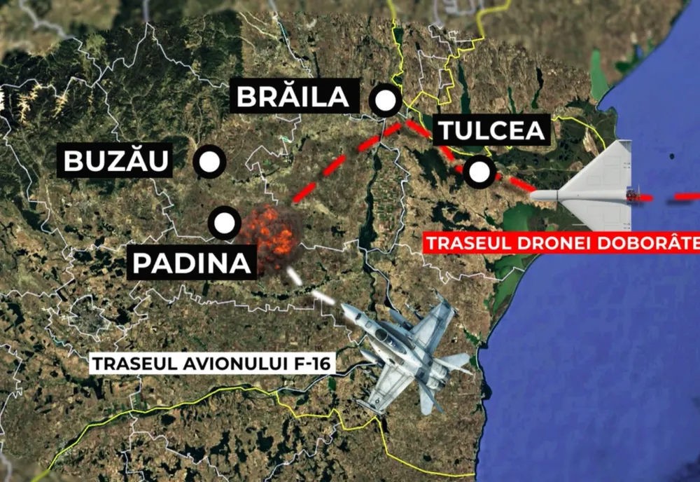 Traseul dronei doborâte de avionul F-16 în România. Ținta a fost distrusă la aproximativ 80 de km de București