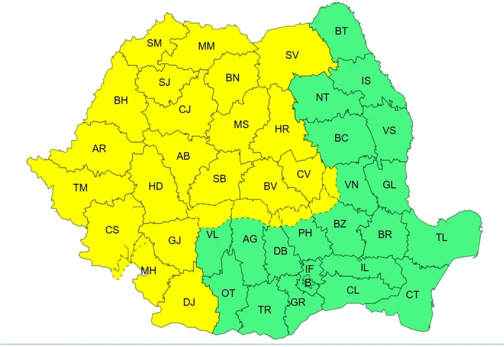 ANM a emis trei avertizări Cod galben pentru luni și marți